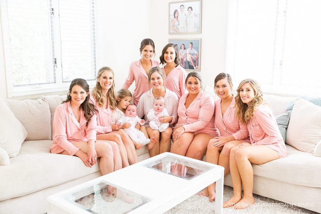 light and airy bridal party portrait with matching pajamas on Cape Cod