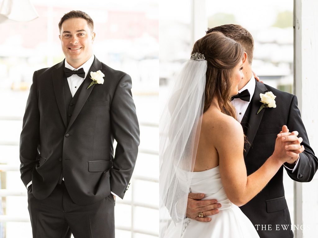 Bride and groom portraits at Flying Bridge Falmouth MA for their intimate wedding.