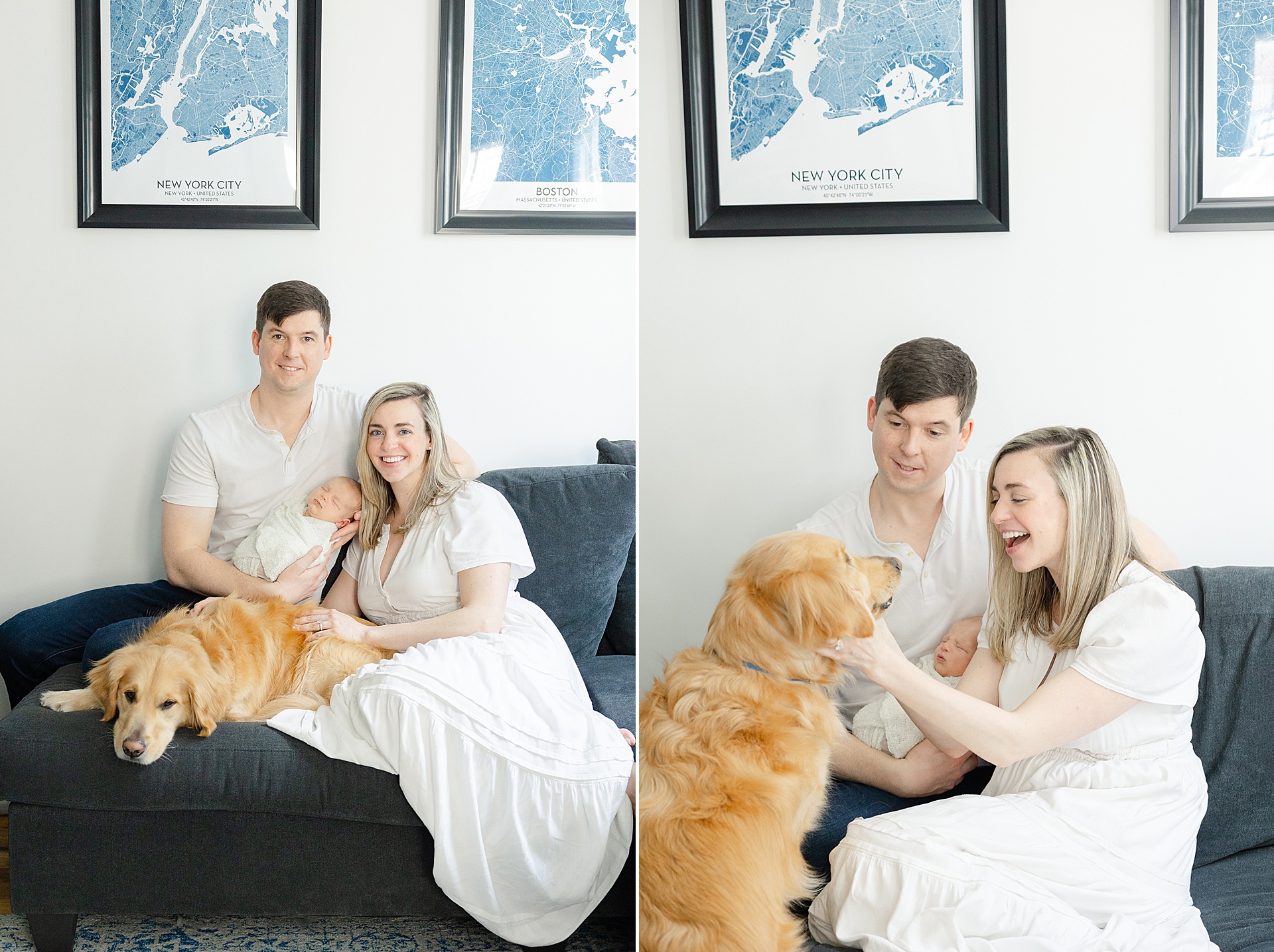 An in-home newborn session with Winchester MA Newborn Photographer, Erica Ewing, one of the best newborn photographers in the greater boston area. This is a newborn session with a dog and family in their home.
